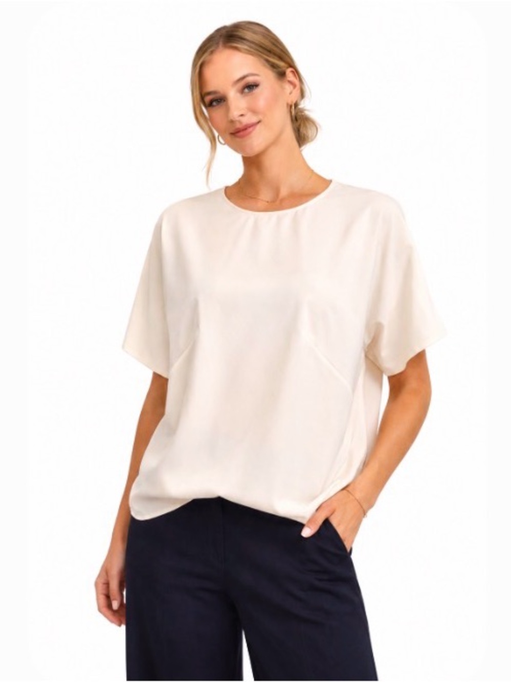 NWT - Akris Punto Cream Short Sleeve Blouse $595 USD - Size 8